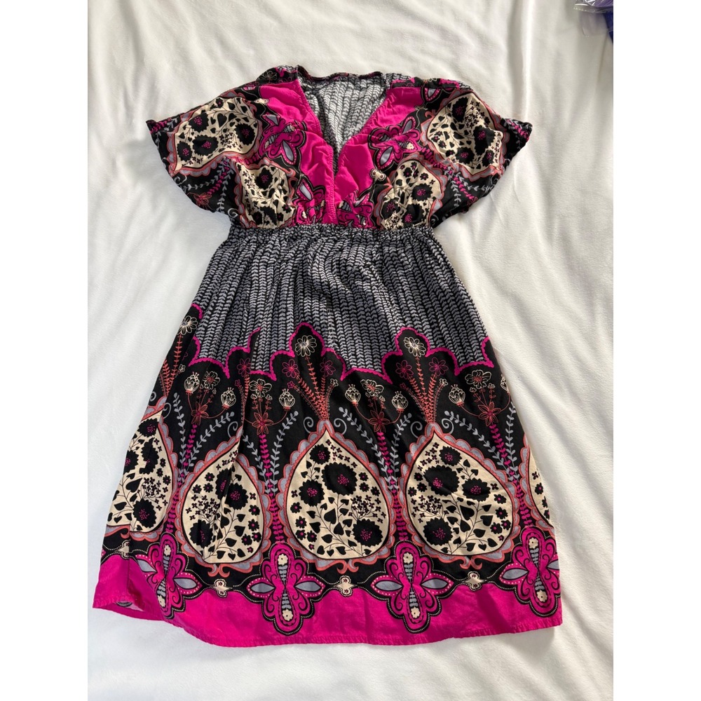 Y2K Target Pink Black Boho Paisley Floral V-Neck Empire Waist Rayon Mini Dress